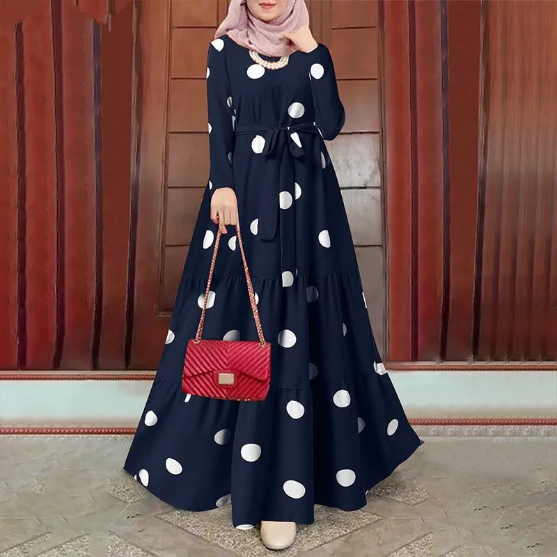 Women Spring Muslim Dress Elegant Casual Loose Abaya Kaftan Sundress Long Sleeved Polka Dots Printed O-Neck Maxi Robe  платье