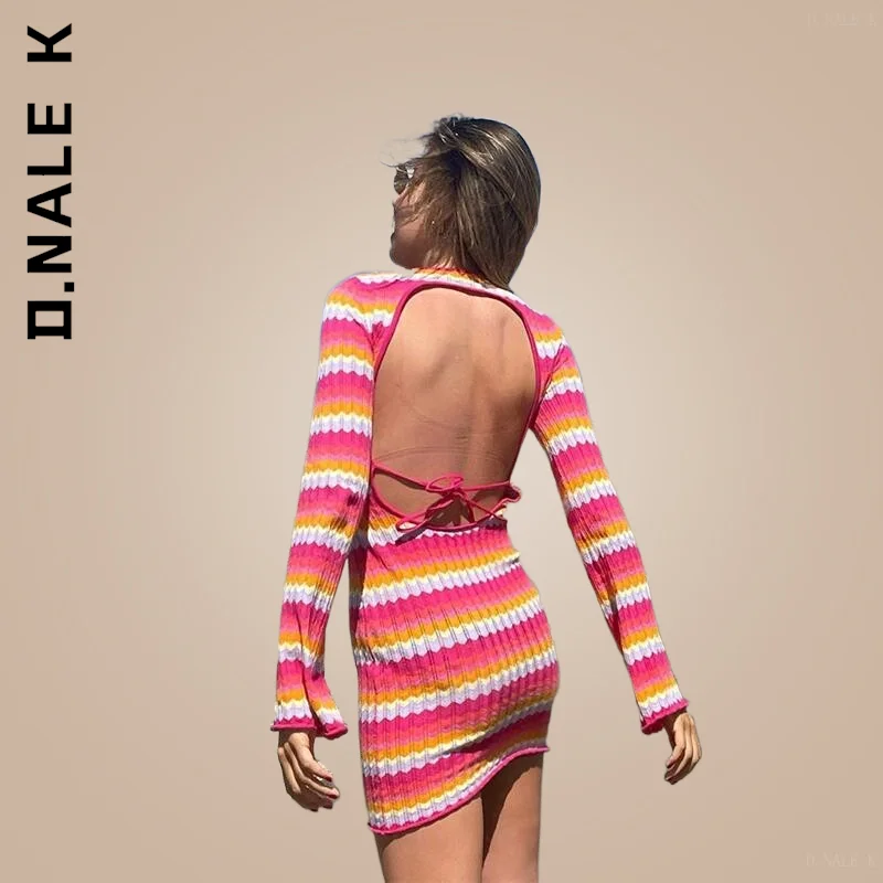 D.Nale K 022 Casual Summer Stripe Knit Women Beach Dress Bodycon Backless Long Sleeve Green  Holiday Sexy Dresses Party Mini images - 6