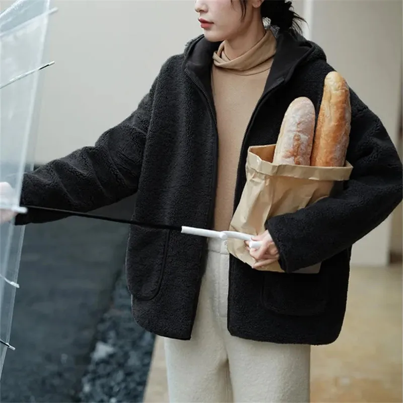 

Женская куртка с капюшоном, черная короткая куртка на молнии с длинным рукавом, Повседневная Толстая теплая флисовая куртка в Корейском стиле на осень и зиму