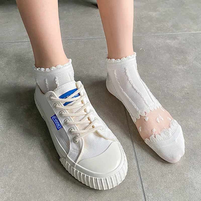 5pairs=10pcs Women Summer Thin Hollow Crystal Socks Cool Breathable Flowers White Invisible Boat Socks Mesh Ultra-thin Socks
