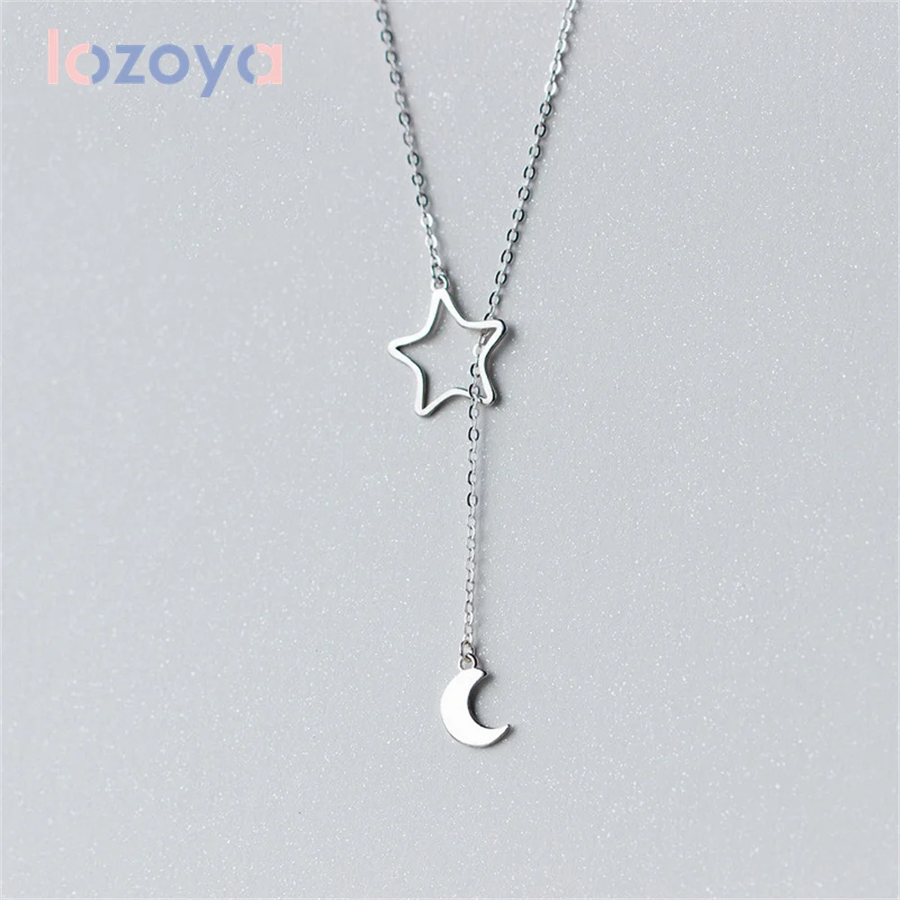 

Женская цепочка со звездой и Луной Lozoya, ожерелье из стерлингового серебра 925 пробы, длинная цепь со звездой и луной, ювелирные украшения