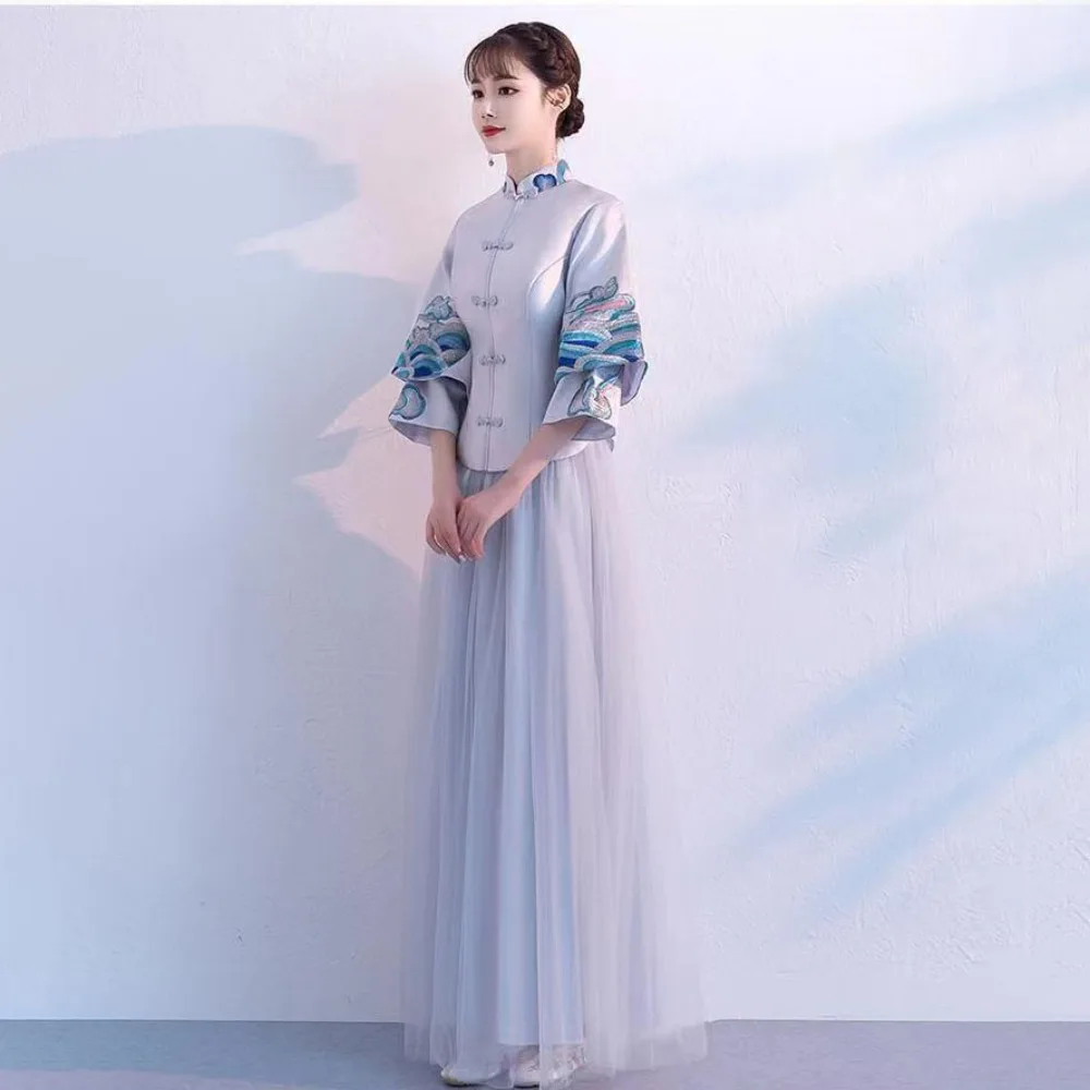 Женское вышитое платье в китайском стиле с длинным рукавом и воротником-стойкой