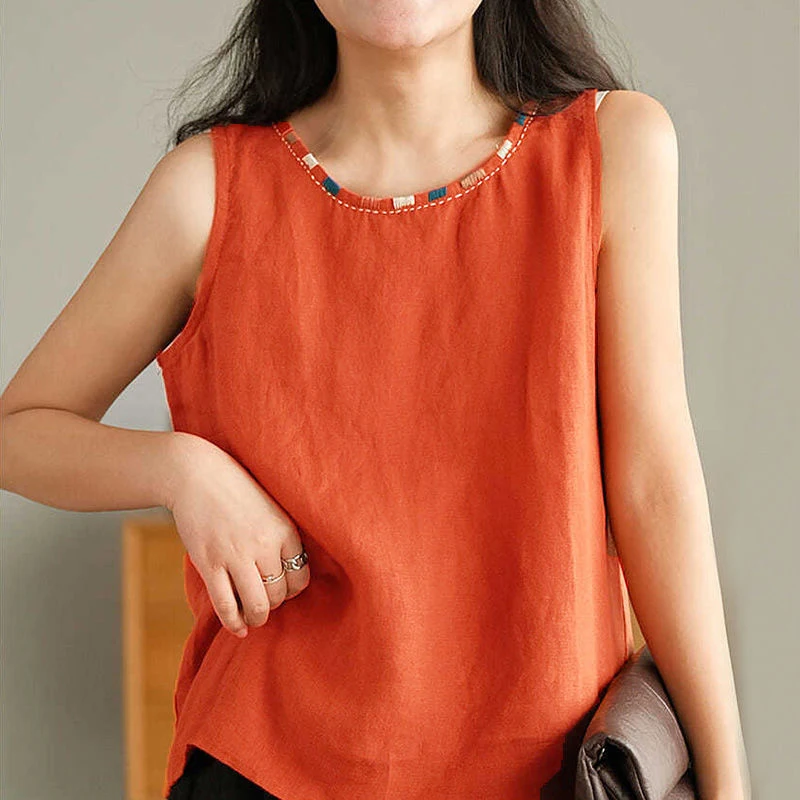 

New Arrival 2022 Summer Arts Style Women Sleeveless Loose Tank Tops Embroidery O-neck Cotton Linen Casual Solid Tank Top V912