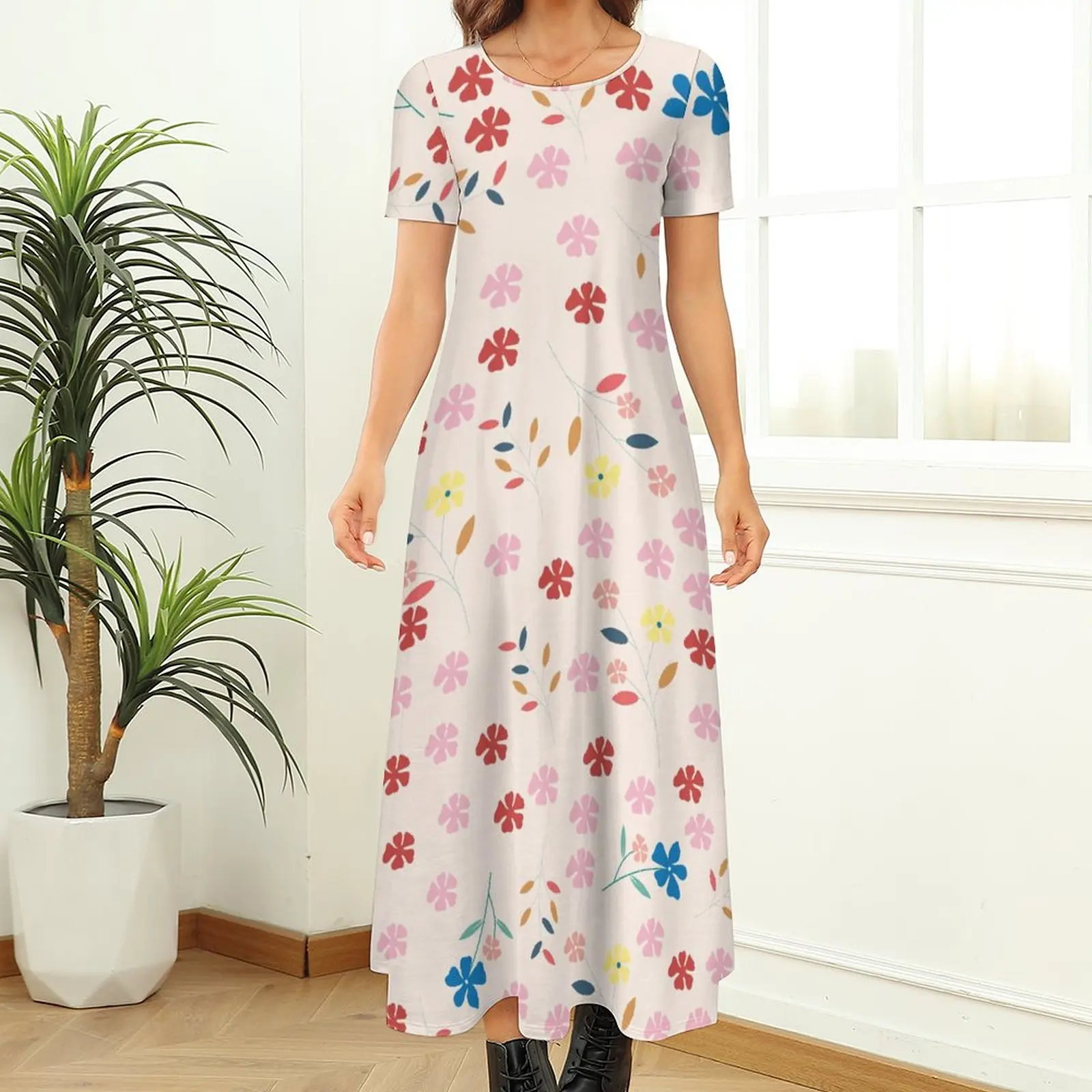 

2023 Summer Round Neck Short Sleeve Y2k Vintage Printing Long Boho Clothing Women Dress Female Bohemian Style Clothing