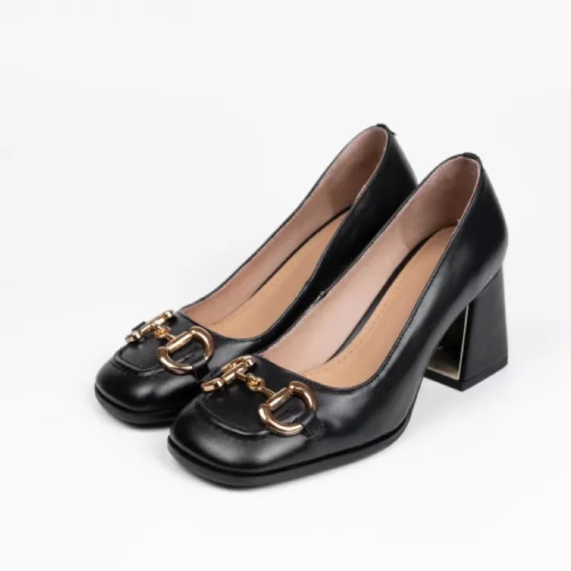 2023Horse Buckle High-heeled One-line Buckle Women's Shoes Leather Square Mid-heel Chunky Sandals Metal Vintage Single Shoes22-9