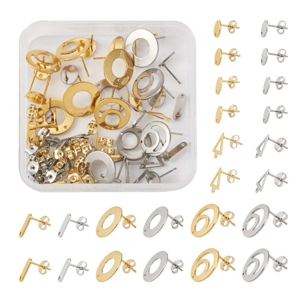 

48pcs Flat Round Stainless Steel Stud Earring with Ear Nut Golden Color Hypoallergenic Earrings Findings for DIY Jewelry Making
