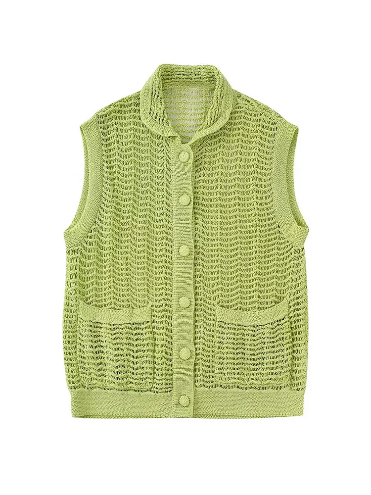 

ZAA The New Fall 2022 Women's Chic Lapel Single-breasted Pocket Trim Retro Casual Hollowed-out Texture Knit Vest Cardigan