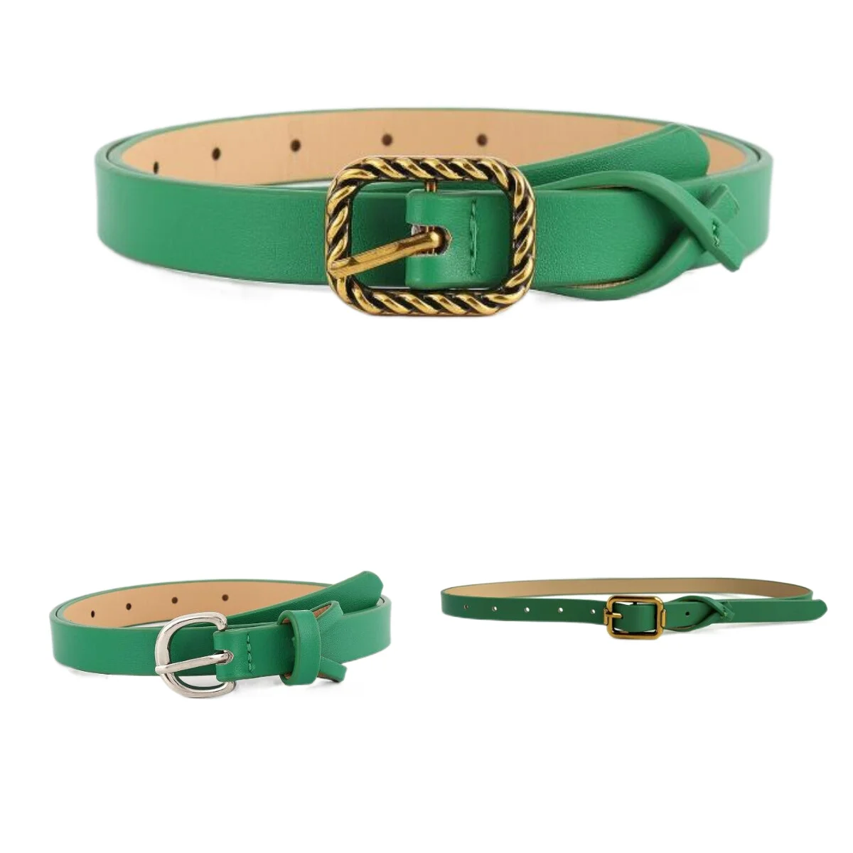 New Women'a Green Square Buckle Belt Pure Color Thin Belt Female Belts for Women Luxury Designer