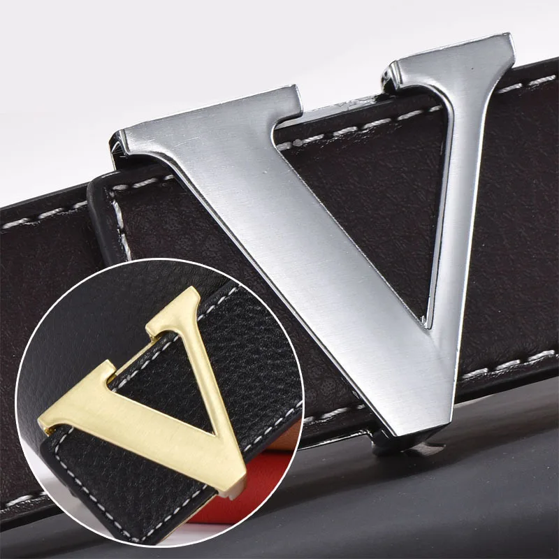 Men's Fashion Casual Letter V Slide Buckle Leather Male Belt for men Luxury Brand High Quality