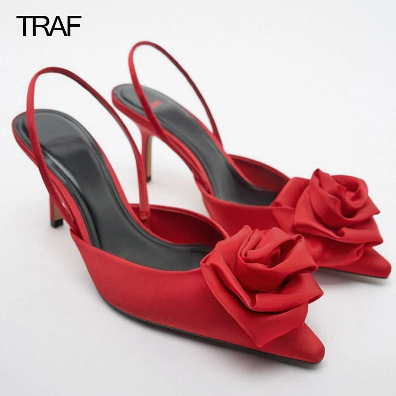 

TRAF2022 Weddings Flower Bridal High Heels Women Pumps Modern Woman Slingback Heels Red Purple Woman Party Designer Heeled Shoes