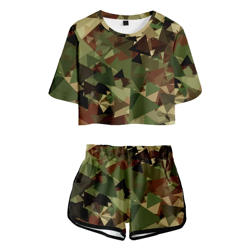 

camouflage 3D Two Pieces Sets Women Casual T-Shirt+Shorts Clothes