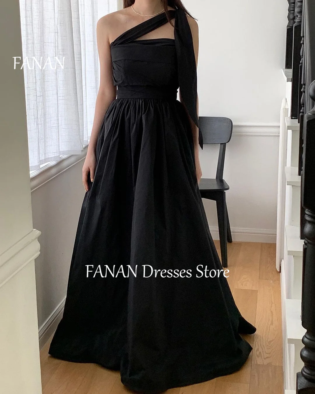 Фото Женское вечернее платье FANAN, ТРАПЕЦИЕВИДНОЕ ПЛАТЬЕ с открытыми плечами, элегантное платье из тафты черного цвета в Корейском стиле для выпускного вечера №4