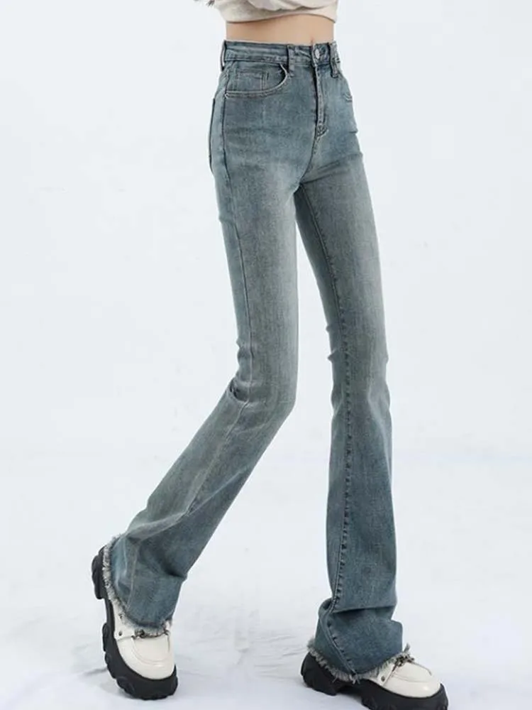 

Винтажные эластичные джинсовые Облегающие расклешенные брюки с высокой талией, осень 2023, Новая модная женская одежда