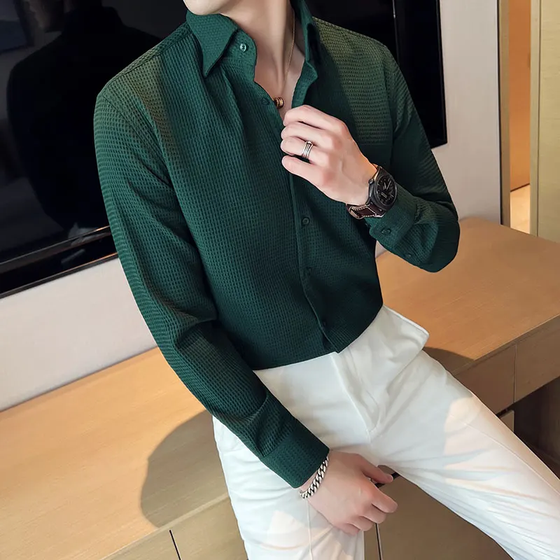 Autumn Winter Waffle Thick Warm Men's Shirts Long Sleeve Slim Fit Casual Business Dress Shirt Fashion Social Men Clothing 2022