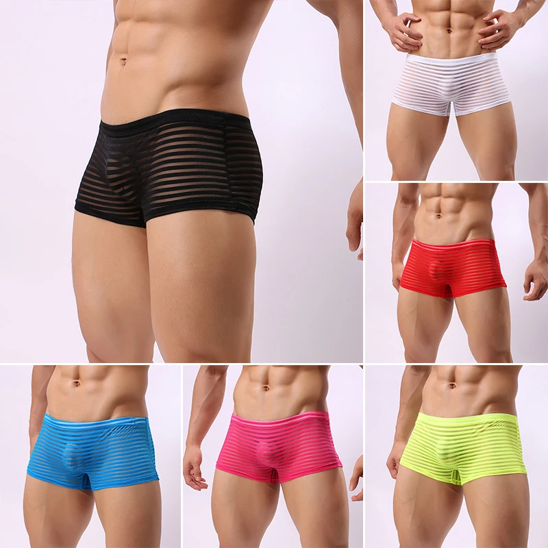 

Men Sexy Soft Underwear Fashion Transparent Striped Boxer Breathable Briefs Low Rise Underpants See Through Perspective Panties