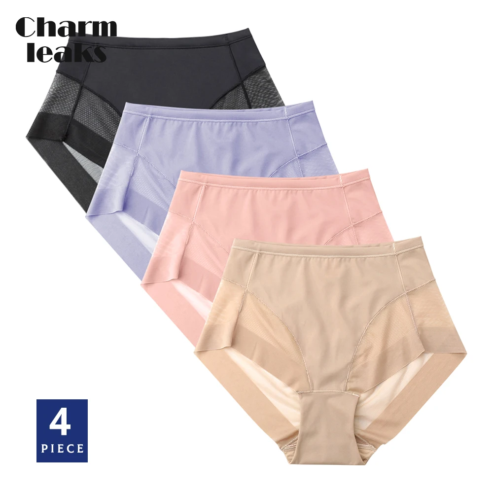 

Charmleaks Women Panties Ice Silk Traceless Breathable Pure Cotton Crotch Milk Elastic High Waist Briefs S-3XL,4 PCS