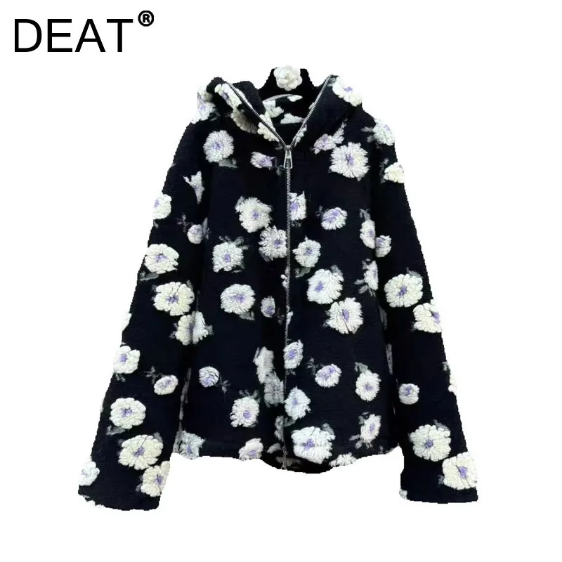 DEAT женское пальто свободные контрастные цвета молния с капюшоном и хлопковой