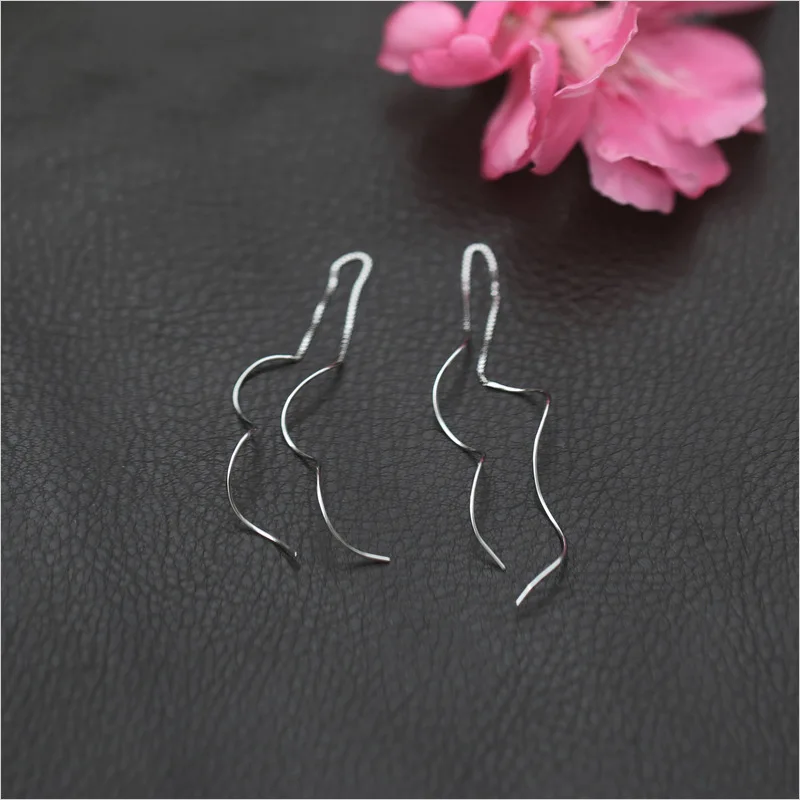 REAL. 925 STERLING SILVER jewelry Fish Shape Wave Piercing WaterWave Ear &Chain Wire Pull Through Threader Earrings Long C-E0169