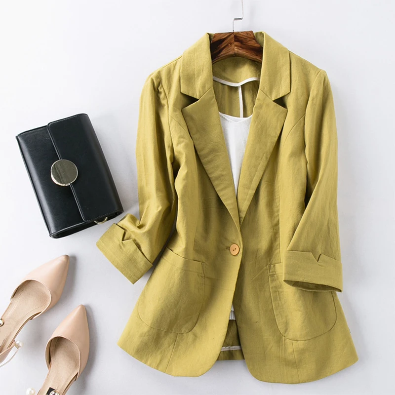 Cotton Linen Blazer Jacket Women Summer Outwear High Quality Solid Single Button Notched Blazer Blazer Three Quarter Sleeve Top