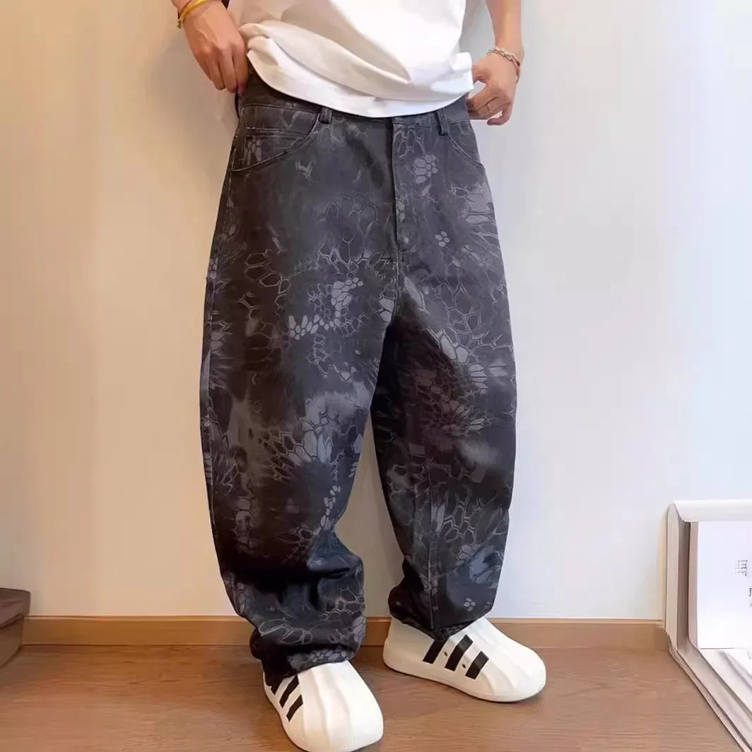 2024 весенне-осенние винтажные холщовые камуфляжные джинсовые брюки со змеиным