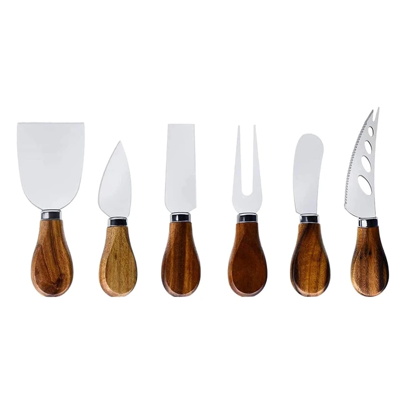 

6 Pcs Cheese Knife Set,Wood Handle Stainless Steel Cheese Knives Sandwich Cream Cheese Cake Condiment Knife Set