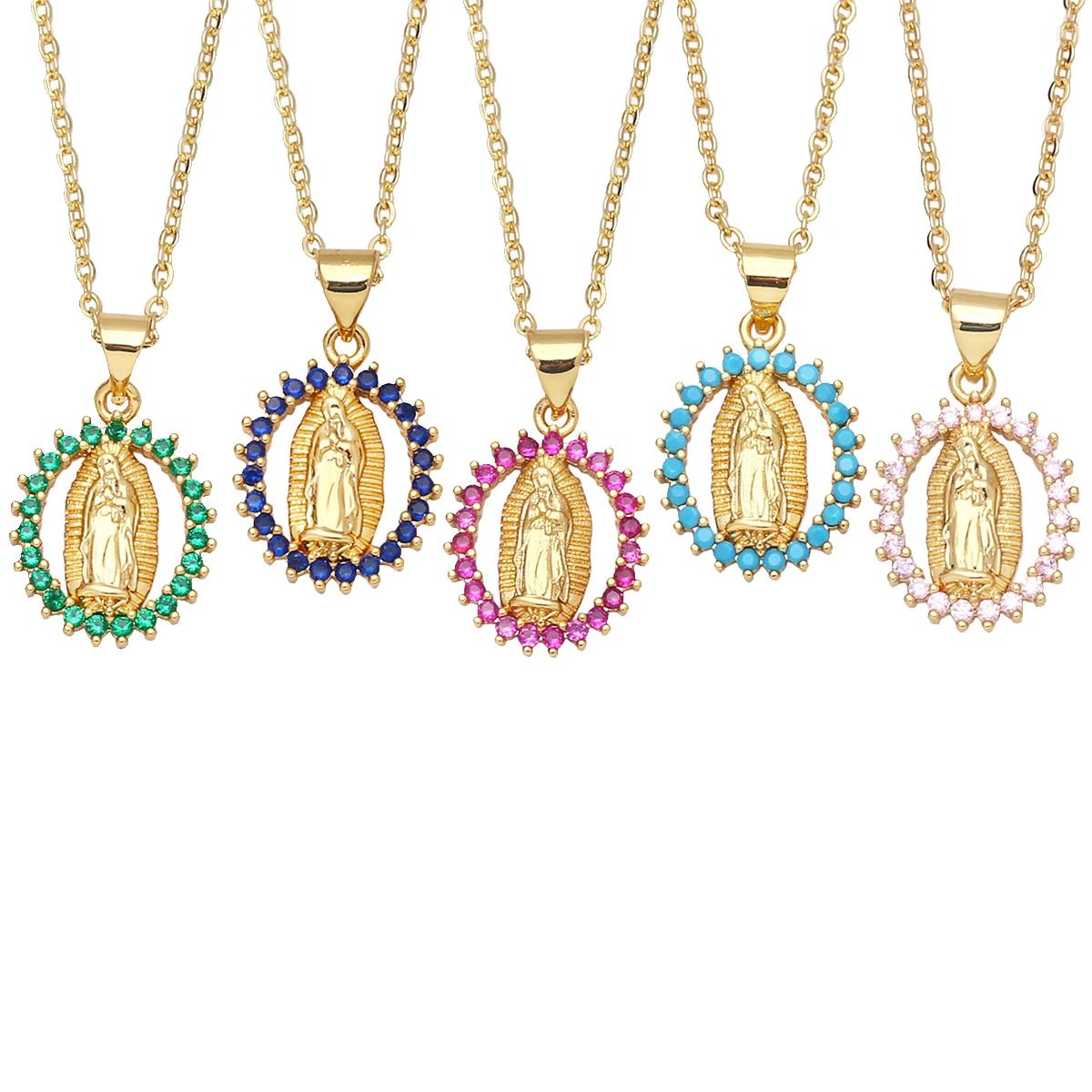 

Faith Jewelry Colorful Virgin Mary Pendant Necklace for Women Cubic Zirconia Gold Plated Short Chain Religion Accessories Gift