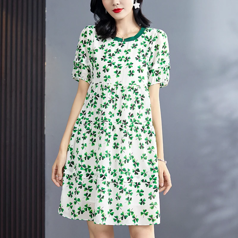 2023 Summer Casual Women Green Print Dresses Elegant O-neck Short Sleeve High Waist Loose Woman 100% Pure Real Silk A-line Dress