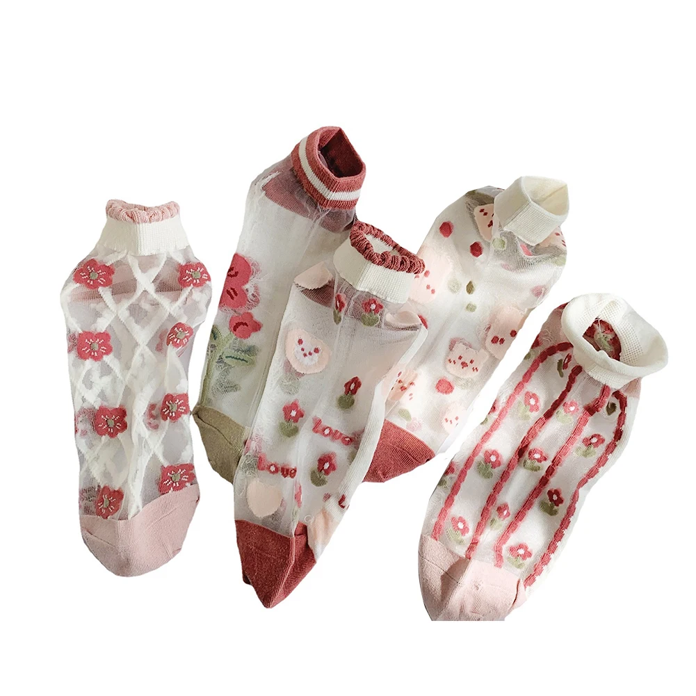 Милые носки для девочек прозрачные с цветами и фруктами летние ультратонкие