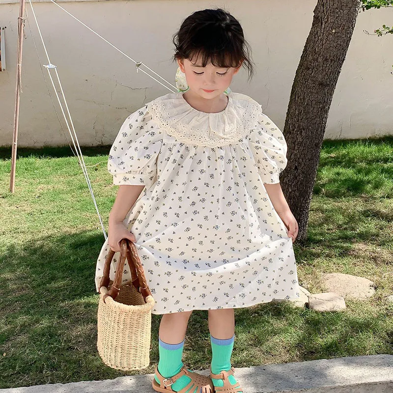 

Kids Dresses for Girls Spring Summer Sweet Floral Print Beige Knee Length Dress Girl Cute Lace Collar Puff Sleeve Princess Dress