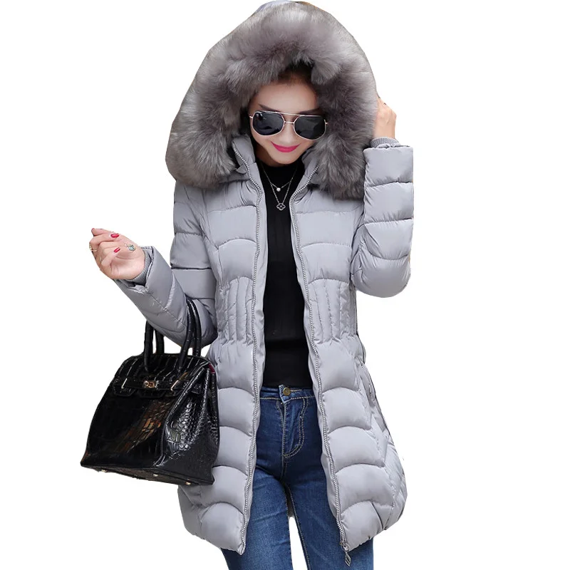 

Женское зимнее теплое пальто с капюшоном, модель 2021 года, тонкая женская парка с большим меховым воротником, Базовая куртка с хлопковой подк...