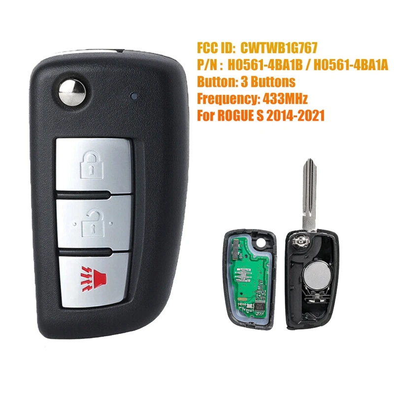 

1 PCS Flip Remote Smart Key Fob 3 Button Keyless Entry CWTWB1G767 433Mhz 4A For NISSAN ROGUE S 2014 2015 2016 2017 2018-2021