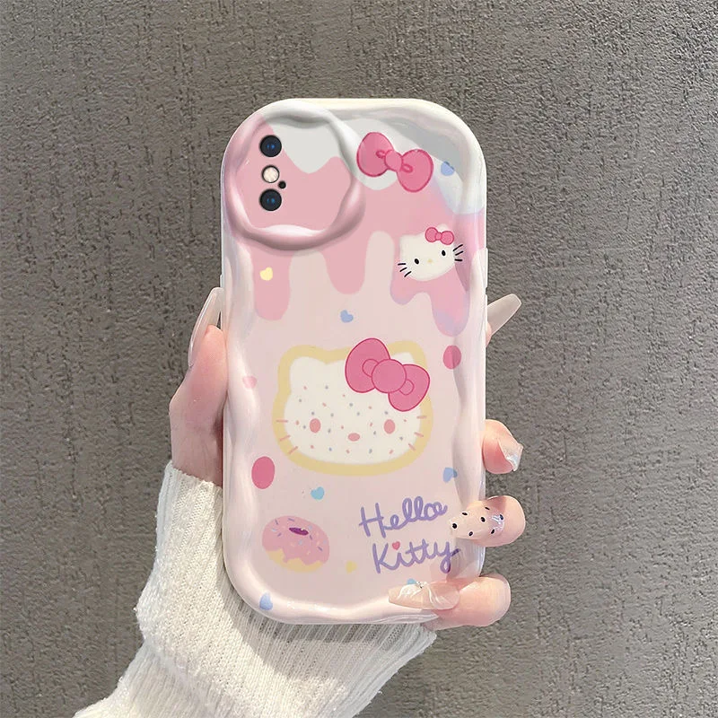 Чехол Hello Kitty Grip Tok Holder 3D Wave Bracket для iPhone 16 15 14 13 12 11 Pro Max Mini X XR XSMAX 8 7 6S Plus Мягкий