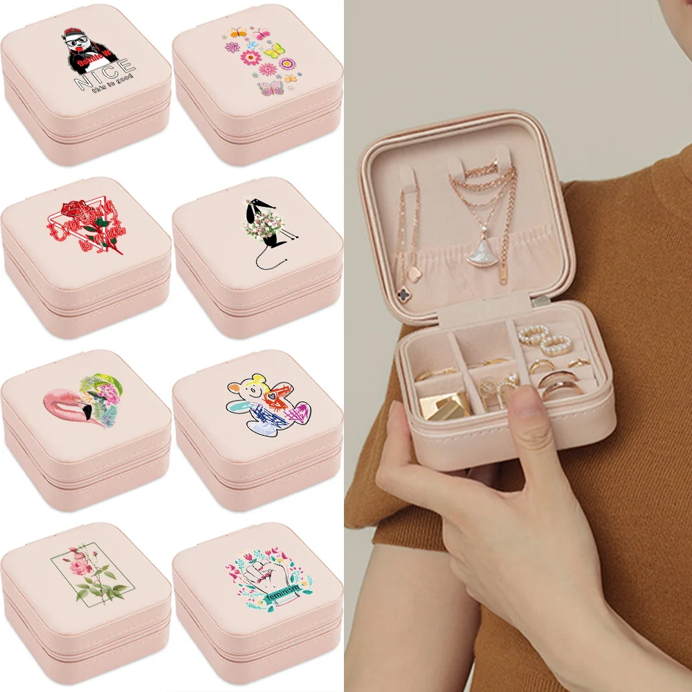 

Portable Travel Leather Jewelry Box Color Printed Necklace Earring Ring Single-layer Storage Box Packaging Storage Display Case