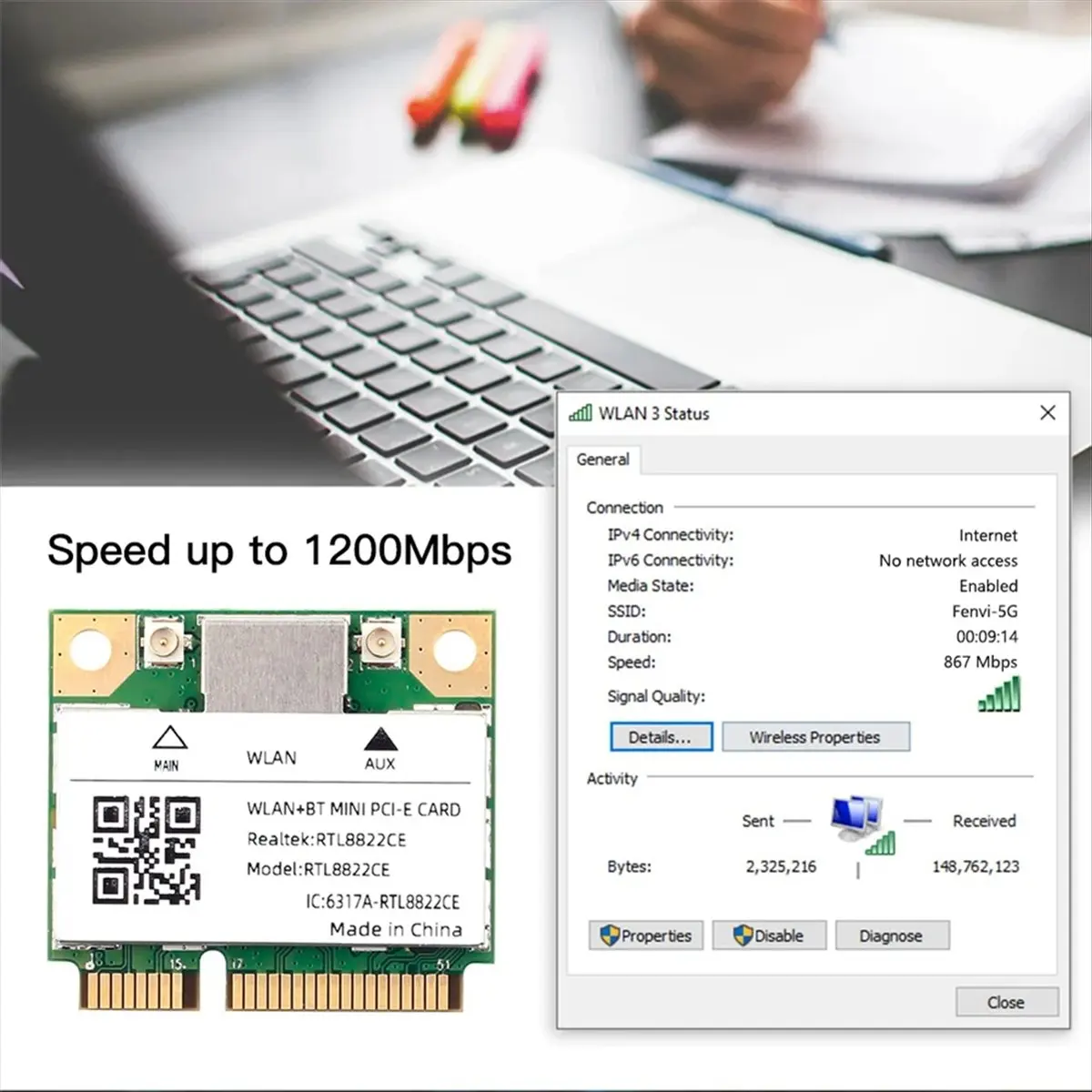 Фото Двухдиапазонная мини-карта Wi-Fi AT42 Mini Pcie RTL8822CE 1200 Мбит/с, беспроводной адаптер Bluetooth 5.1 802.11ac для ноутбуков/ПК с Windows 10/11 №4