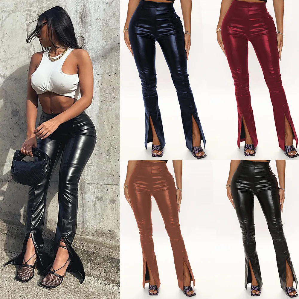 Women PU Leather Casual Trousers Classic Solid High Waist Stretch Slit Flared Long Pants Ladies Girls Vintage Trousers
