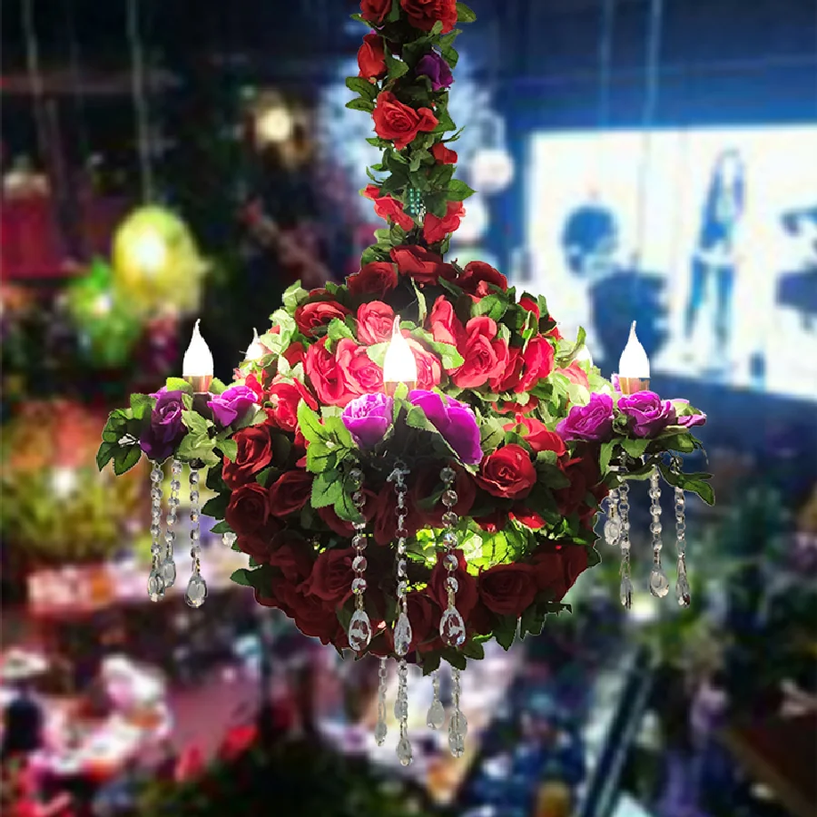 

Creative Nordic Industrial Style Simulation Red Rose Crystal Chain Chandelier Bar Restaurant Cafe Pendant Light