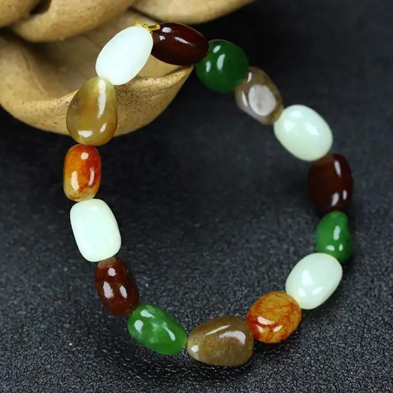 

Natural Hetian Jade Tumbled Stone Bracelet Men Women Fine Jewelry Raw Jade Origina Stones With Skin Nephrite Bracelets Bangles