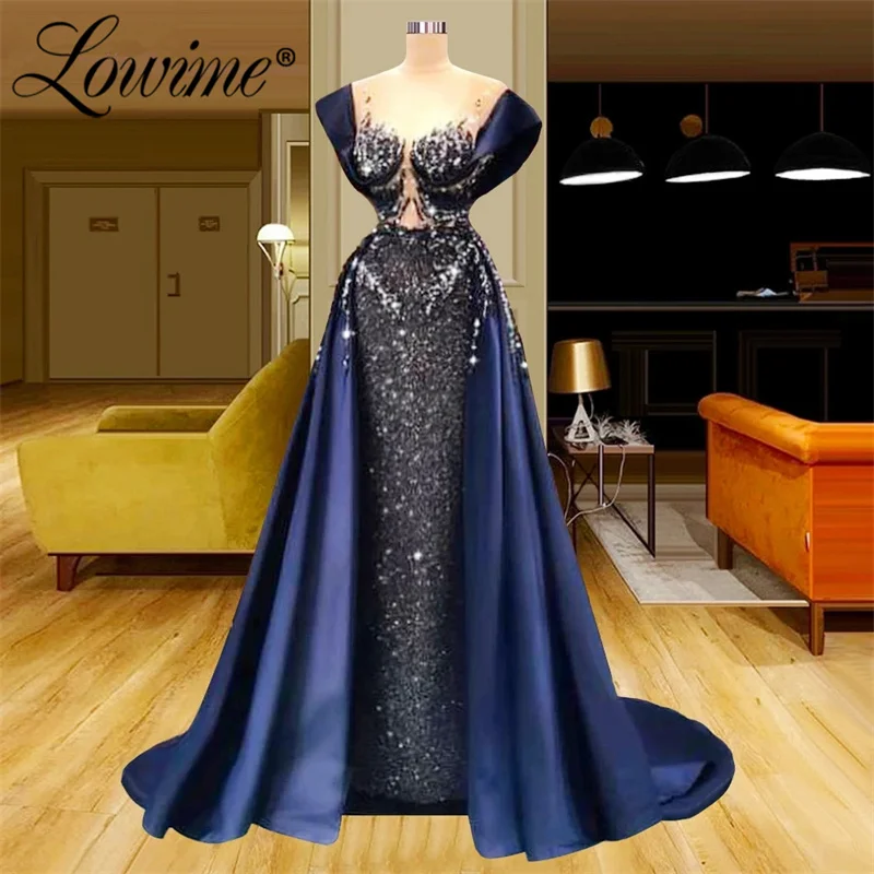 

Lowime Navy Blue Shiny Crystal Capped Sleeves Party Dress Plus Size Dubai Arabic Long Prom Dresses Robes De Soirée Evening Gowns