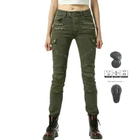 female motorcycle riding jeans loong biker locomotive casual protective pants four chains slim cycling trousers for women green