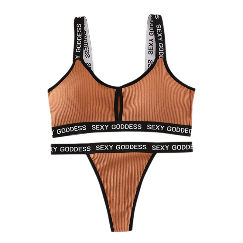 

Women's Sexy Threaded Sports Underwear Suit One-Piece Solid Full Cup Hollow Out Bra With Thong Two-Piece Set