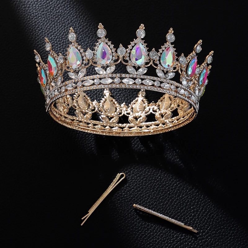 

Классическая Ослепительная золотистая Королевская корона в мечтательном стиле, предназначенная для женского конкурса красоты (с двумя заколками для волос)
