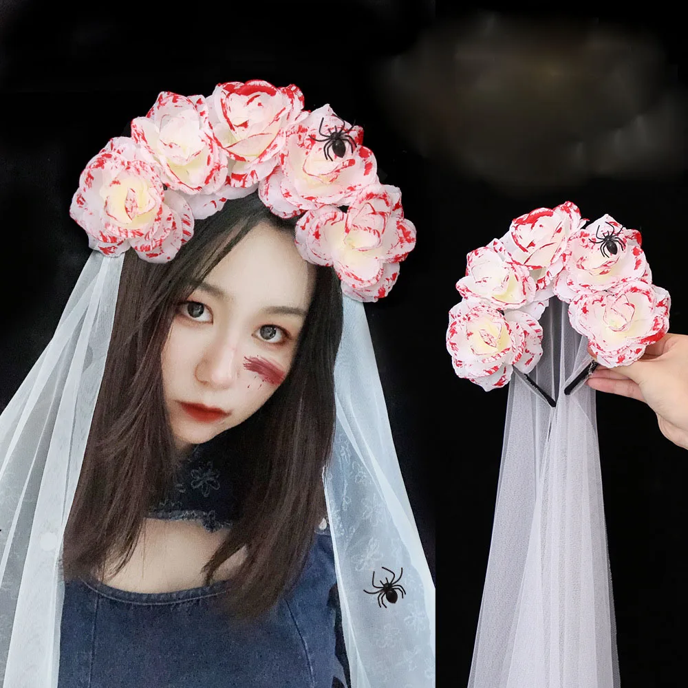 

Blood Rose Flower White Veil Dress Up Head Hoop Hair Accessories Undead Ghost Holiday Party Halloween Headband