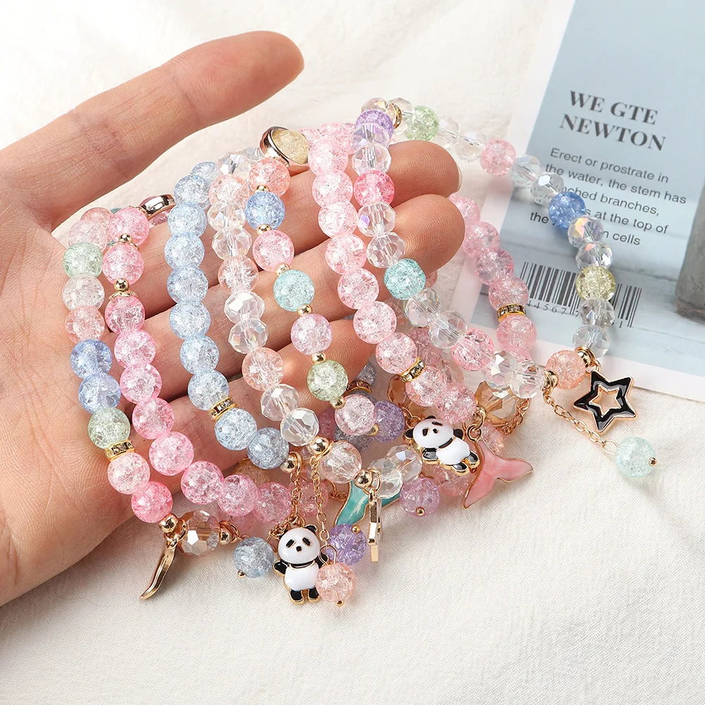 

Simple Korean Womens Bracelet Panda Fish Tail Stars Charms Pendants Hand Jewelry Girls Round Pink Beads Bracelets Bangles