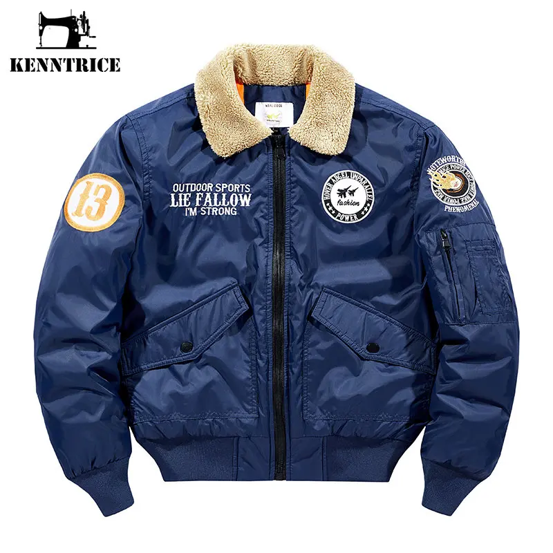 Kenntrice Mens Bomber Jacket Casual Loose Cotton Padded Fur Collar Coat Men Winter Military Jackets Blue Outwear Male Clothing