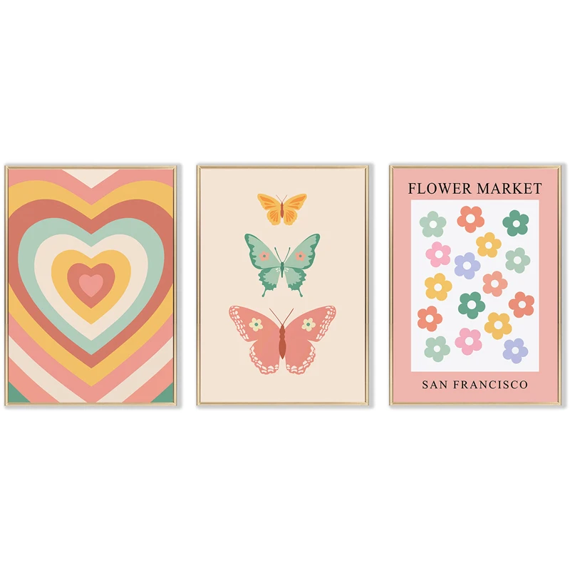 

Colorful Flower Heart Butterfly Canvas Painting Nordic Poster Art Pictures Print Abstract Wall Decor for Living Room Bedroom