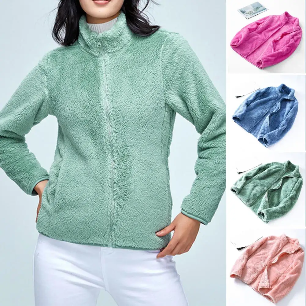 

Solid Color Stand Collar Women Coat Long Sleeves Double-sided Plush Winter Coat Zipper Warm Soft Cardigan Fleece Winter Coat