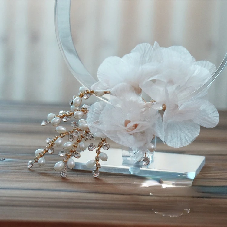 

crepe flower hair grips Beige silk bead barrette headdress Bridal Wedding hair accessories