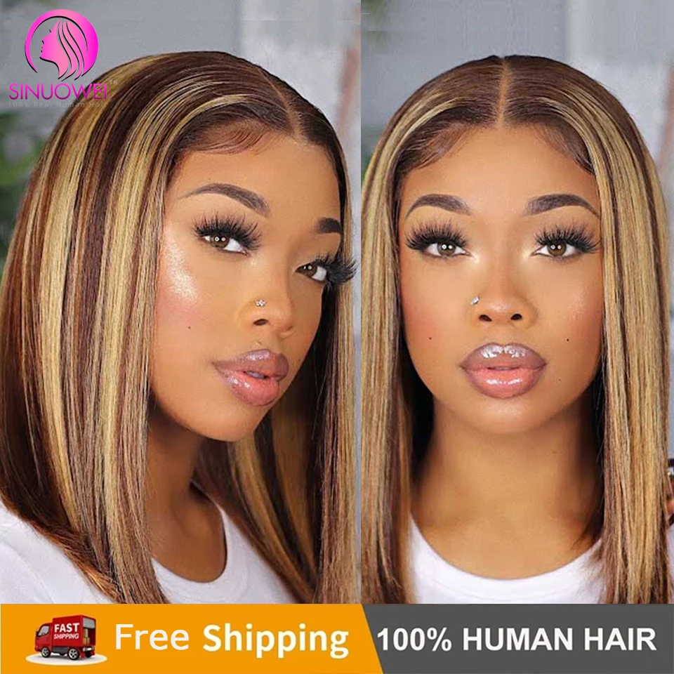 Sinuowei 13x1 Highlight Short Bob Wigs 8-16inch P Color Honey Brown Transparent T Part Lace Front Bob Wigs For Women