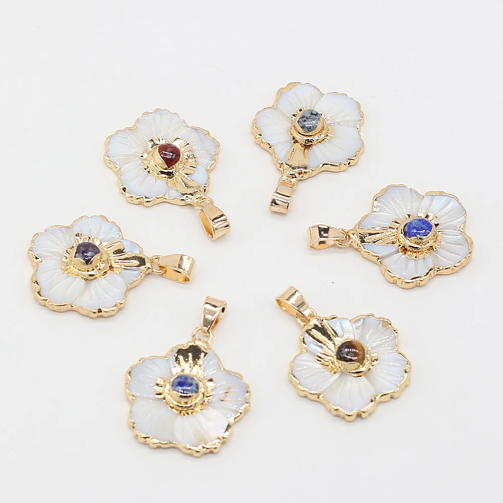 

Natural Shell Pendants Flower Shape White Shell Natural Colorful Stone Accented For Jewelry Making Necklace Bracelet Gift