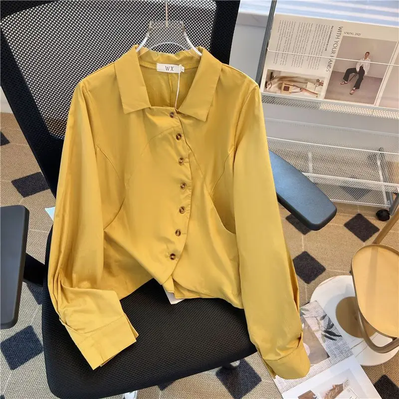women's retro lapel double-breasted literary shirt 2022 early autumn cardigan plain simple cotton linen shirt woman